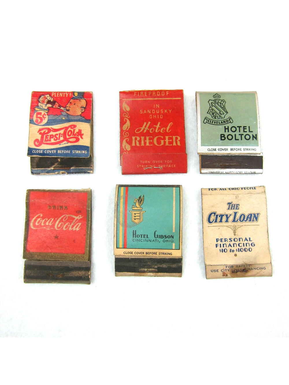 6 Vintage Matchbook Covers Pepsi Cola Double Dot Coca Cola Hotel Rieger Bolton